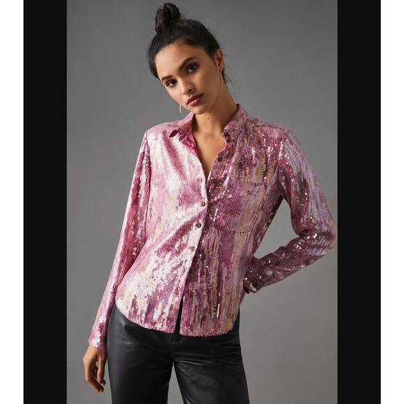 Pilcro Anthropologie Sequin Pink Button Down Blouse S $148 retail - Picture 1 of 5